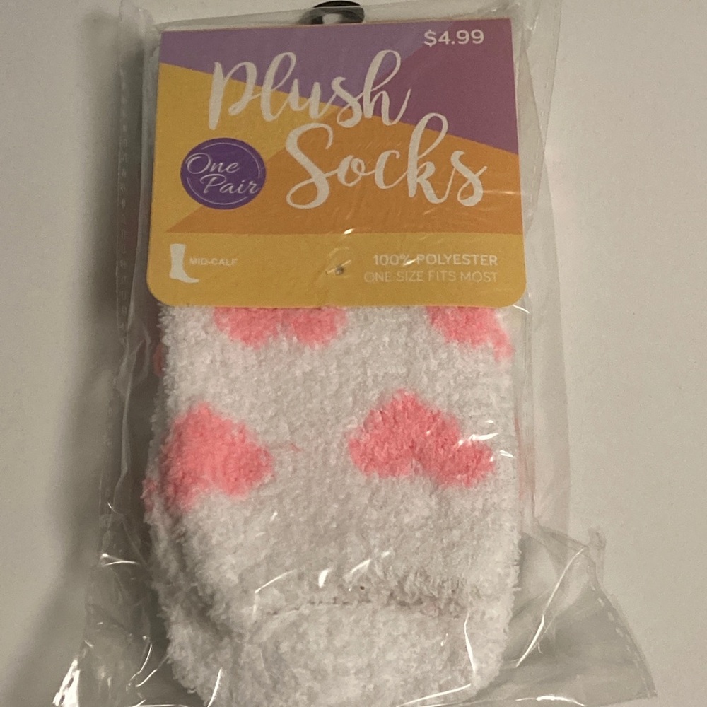 Plush Socks 100% Polyester White With Pink Hearts